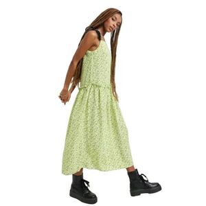 Topshop Sleeveless Floral Square Neck Drop Waist Midi Dress Tie Strap Size 8